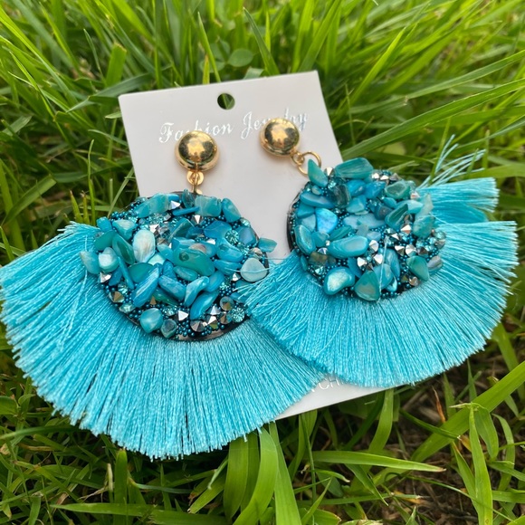 ‼️ Blue Teal Sky Blue Stone Diamond Fan Earrings - Picture 6 of 6